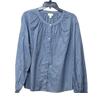 a.n.a. women’s Button Down Plead Scoop Neckline Printed Woven Blouse, Blue,  XL